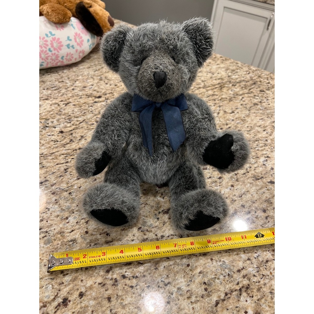Russ Berrie Yarwood Teddy Bear Vintage Collection Grey Plush Navy‎ Bow 9 Inch